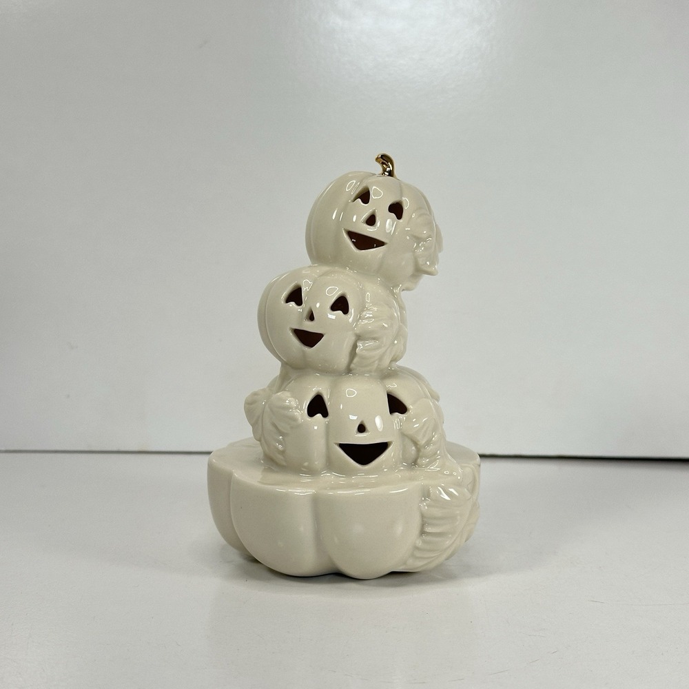 LENOX Halloween 3 Stacked Happy Jack O Lantern Pumpkins Figurine Fall White Gold